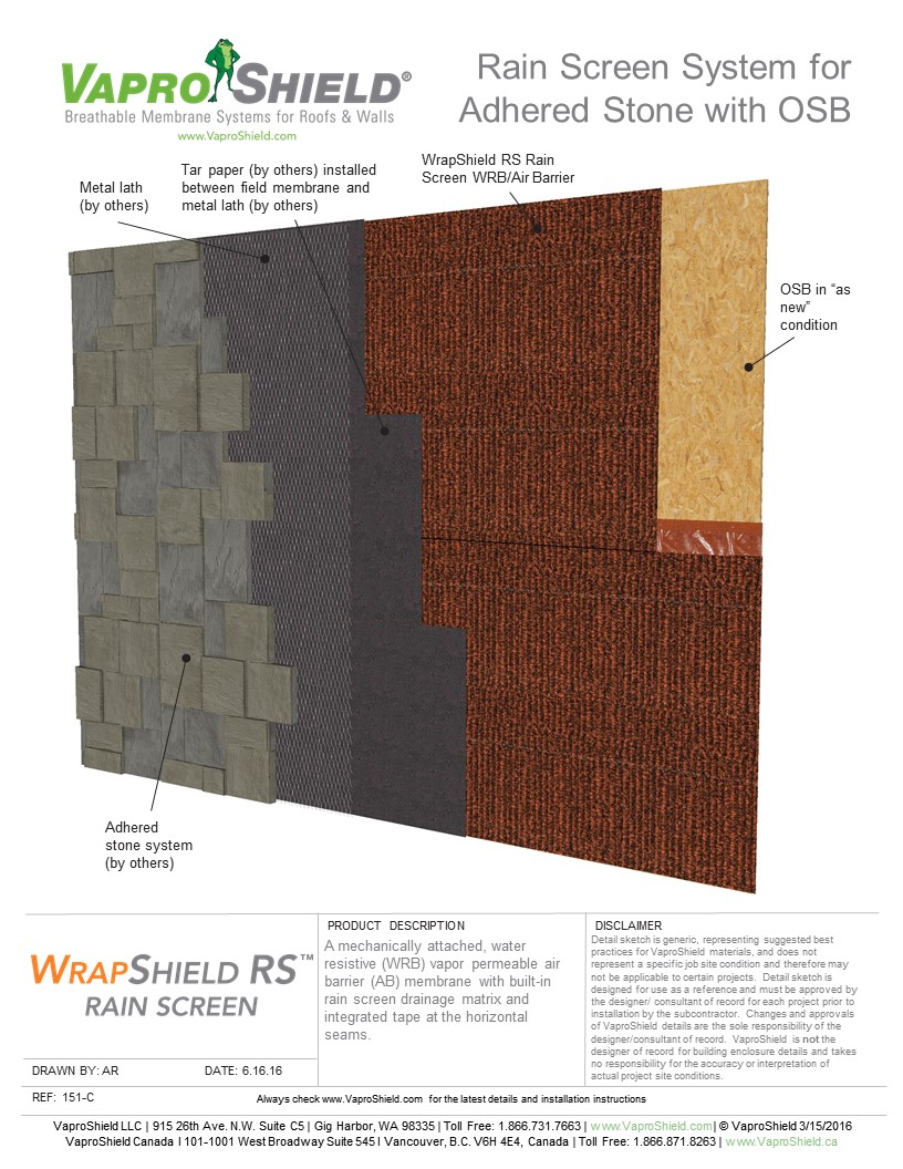 Rain Screen System for Adhered Stone and OSB with WrapShield RS